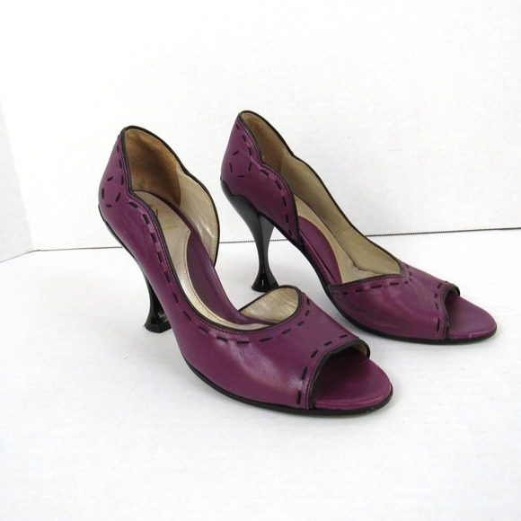 John Fluevog Hepburn Purple Leather Black Stitching Pumps Heels Open Toe - Picture 3 of 13